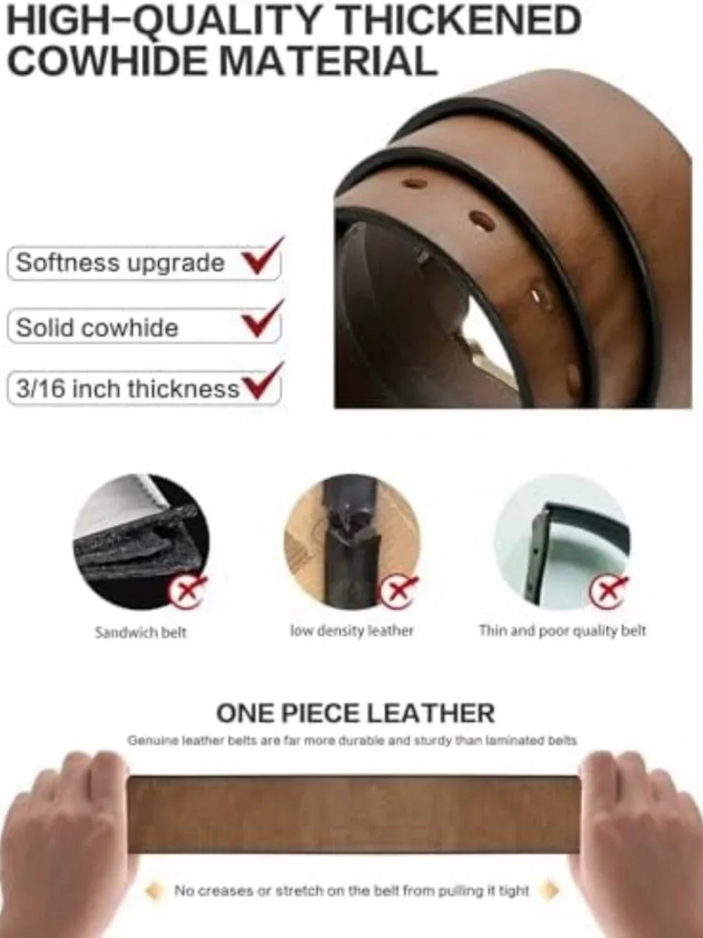 Thick Full Grain Leather Work Belt for Men | Heavy Duty, High Hardness Buckle
